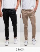Asos 2 Pack Skinny Chinos In Black And Stone Save - Multi