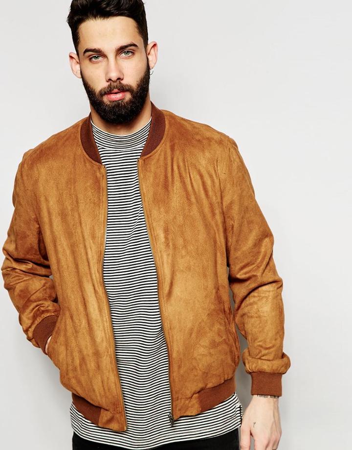 Asos Faux Suede Zip Bomber Jacket In Tan - Tan