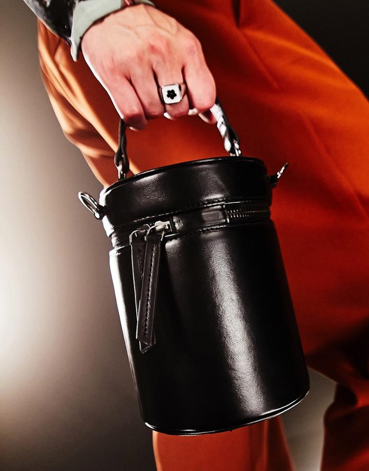 Asos Design Cross Body Structured Cylinder Bag In Black Faux Leather
