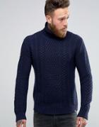 Edwin Roll Neck Cable Sweater - Navy