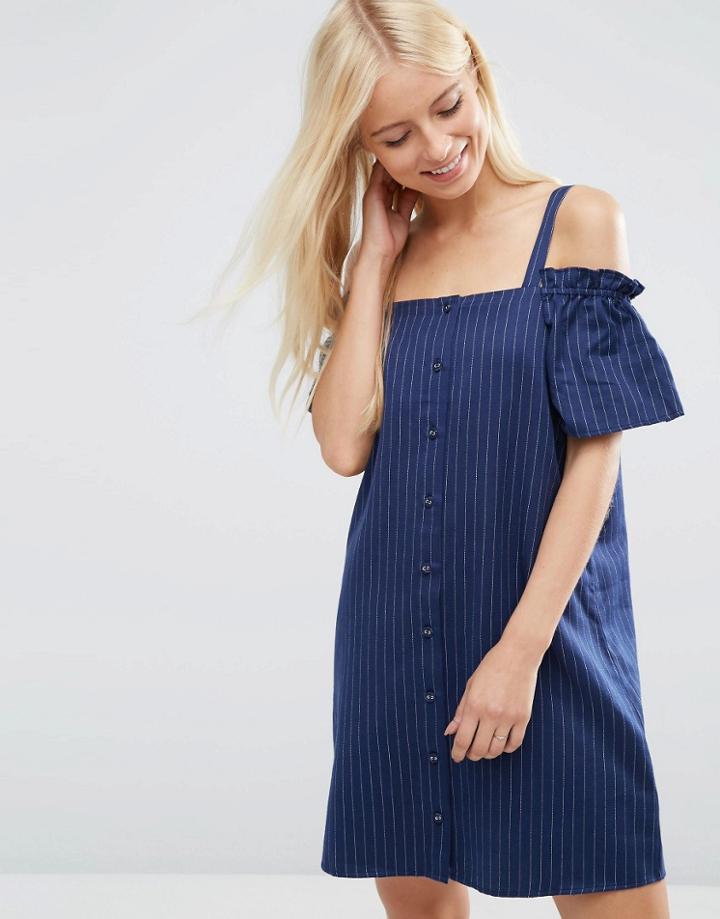 Asos Cold Shoulder Button Through Sundress In Pinstripe - Multi