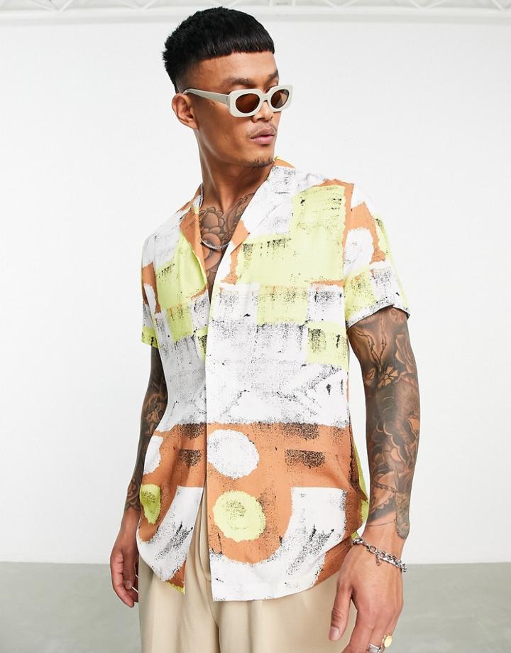 Asos Design Camp Collar One Button Shirt In Beige Abstract Block Print-neutral