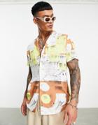 Asos Design Camp Collar One Button Shirt In Beige Abstract Block Print-neutral