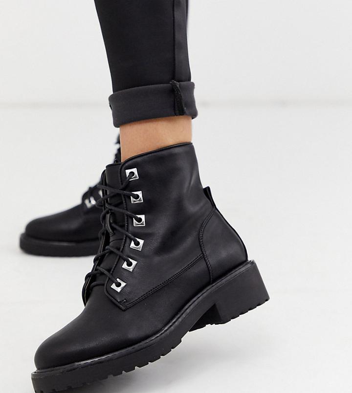 London Rebel Wide Fit Chunky Flat Hiker Boots-black