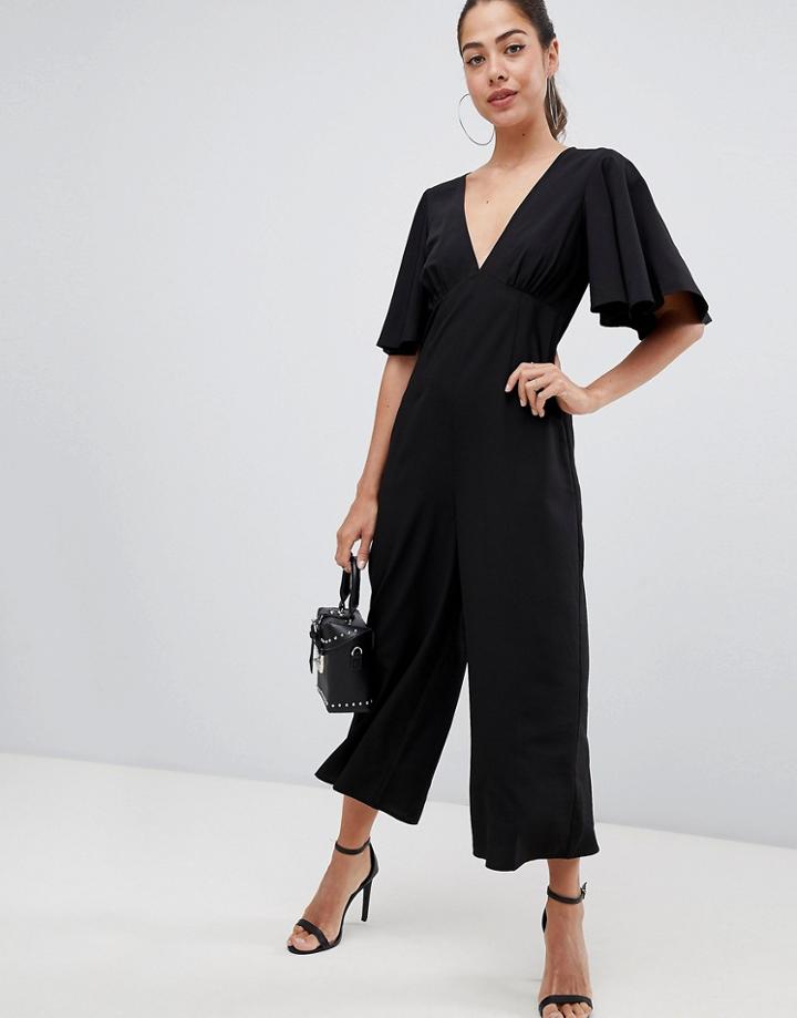 Asos Design Tea Jumpsuit With Empire Seam And Flutter Sleeve-black