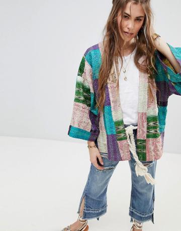 Aratta Premium Silk Patchwork Jacket With Kimono Sleeves - Multi
