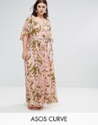 Asos Curve Floral Pleated Flutter Sleeve Maxi Dress - Multi