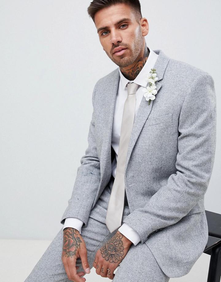 River Island Wedding Skinny Fit Suit Jacket With Herringbone Print In Gray