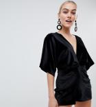 Boohoo Petite Kimono Sleeve Velvet Romper In Black - Black