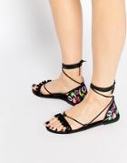 Asos Fate Leather Embroidered Tie Leg Sandals - Black