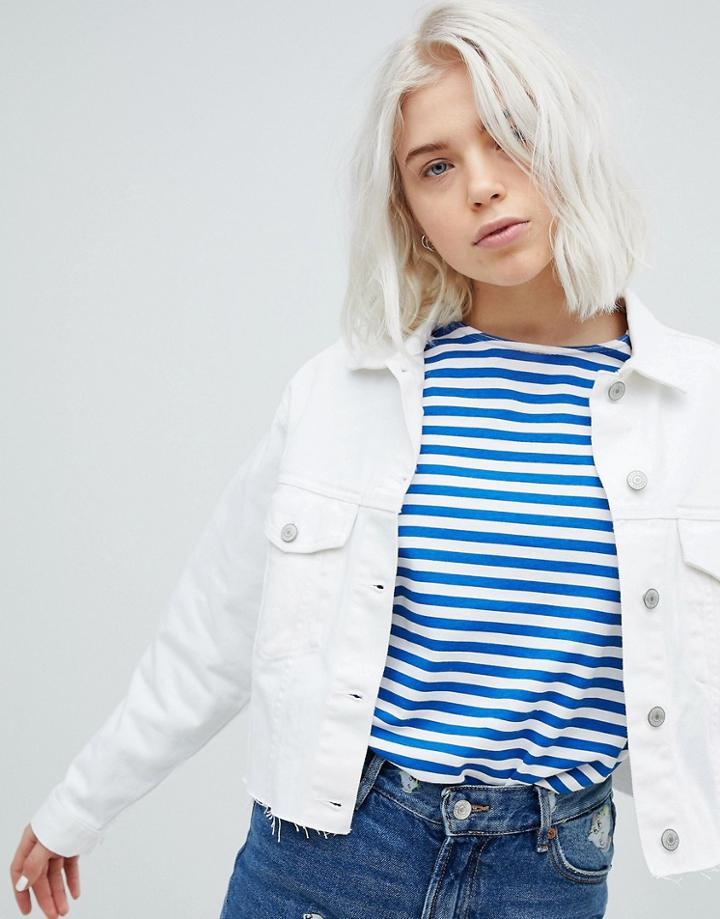Pull & Bear Frayed Edge Cropped Denim Jacket - White
