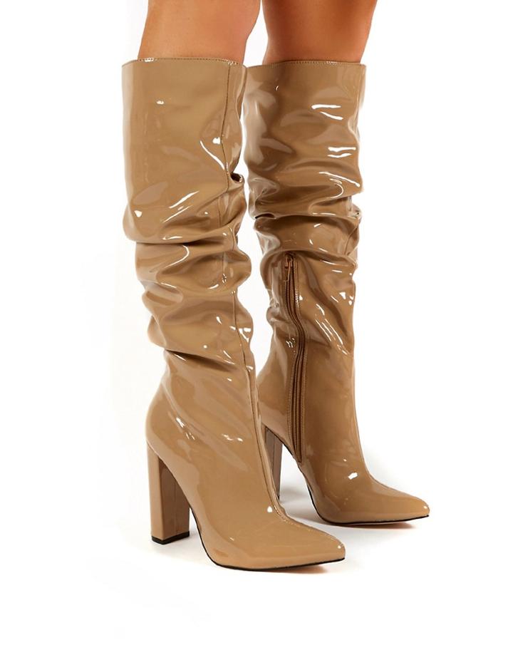 Public Desire Yours Black Slouchy Knee Boots In Camel Patent-neutral