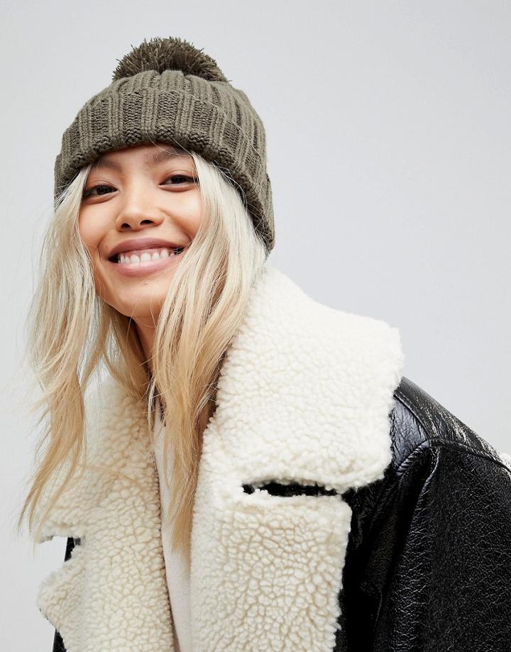 Brave Soul Khaki Ribbed Hat With Knitted Pom Pom - Green