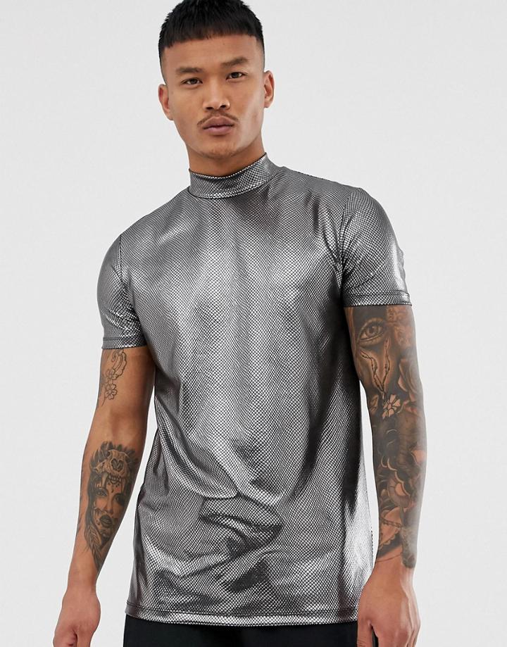 Asos Design Festival T-shirt With Turtleneck In Animal Metallic - Silver