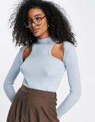 Topshop Knitted Long Sleeve Cut Out Top In Blue-blues