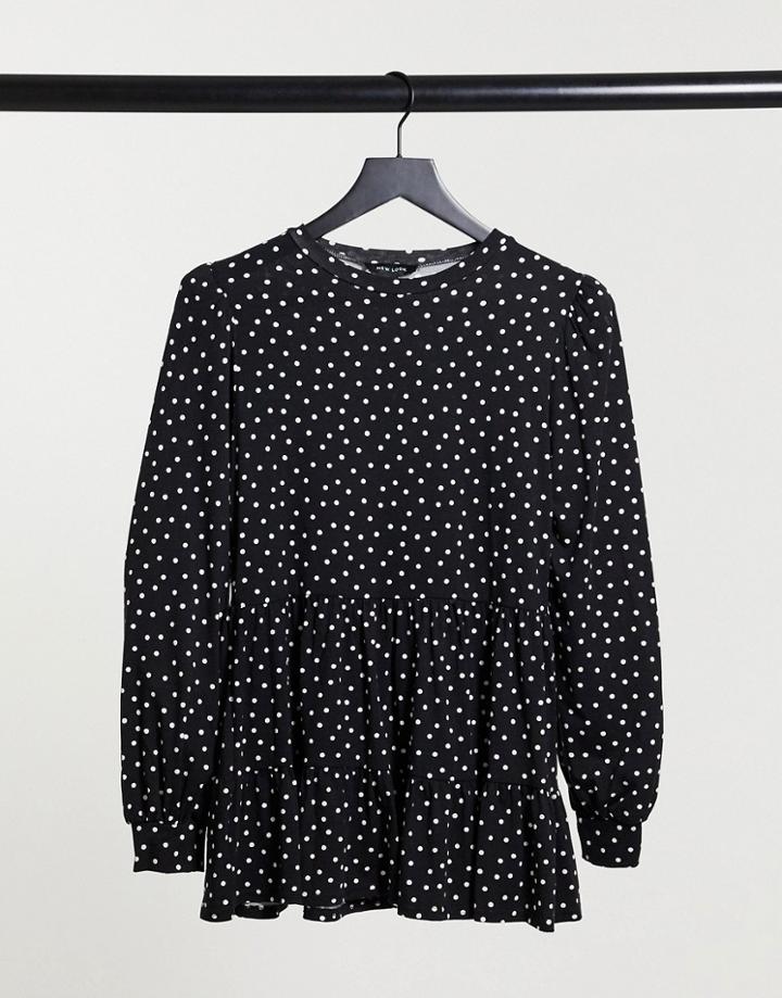 New Look Polka Dot Tiered Smock Top In Black