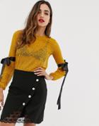 Vesper Jacquard Contrast Tie Detail Long Sleeve Top - Yellow