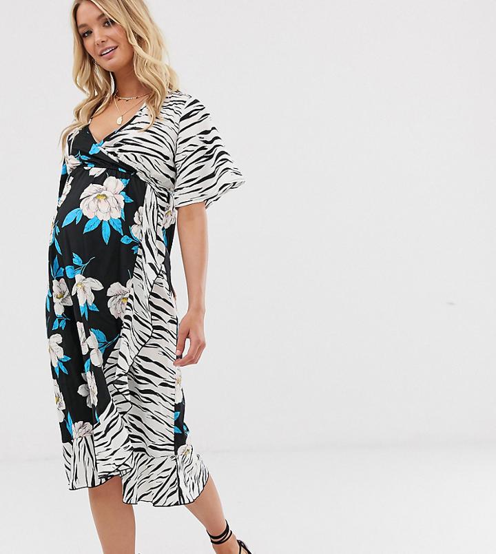 Influence Maternity Midi Wrap Dress In Floral Zebra Print Mix - Black