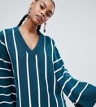 Boohoo Wide Sleeve V-neck Sweater In Teal Stripe - Blue
