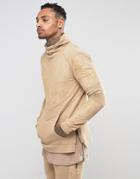 Black Kaviar Suedette Longline Sweatshirt With Funnel Neck - Tan