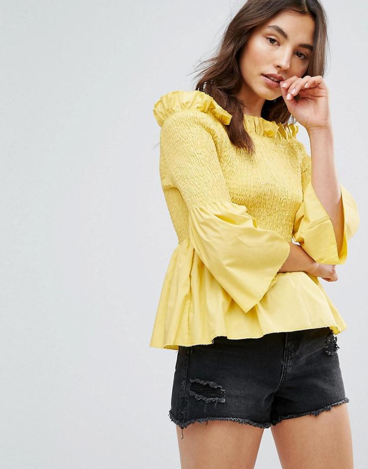 Qed London Frill Hem A-line Off Shoulder Top - Yellow