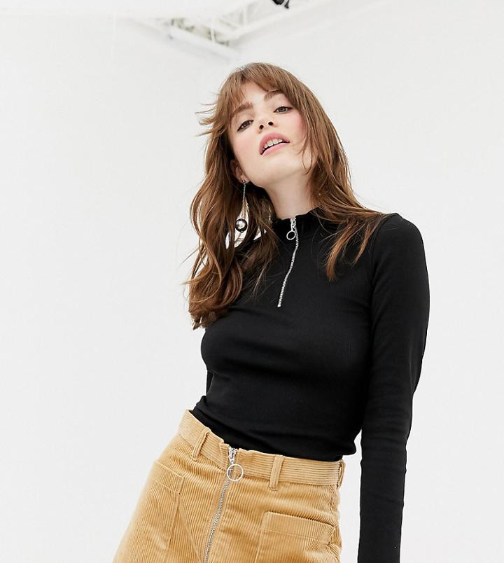 Monki Zip Neck Long Sleeved Top In Black - Black