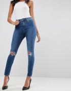 Asos Ridley High Waist Skinny Jeans In Corinne Darkwash With Rips And Busts - Blue