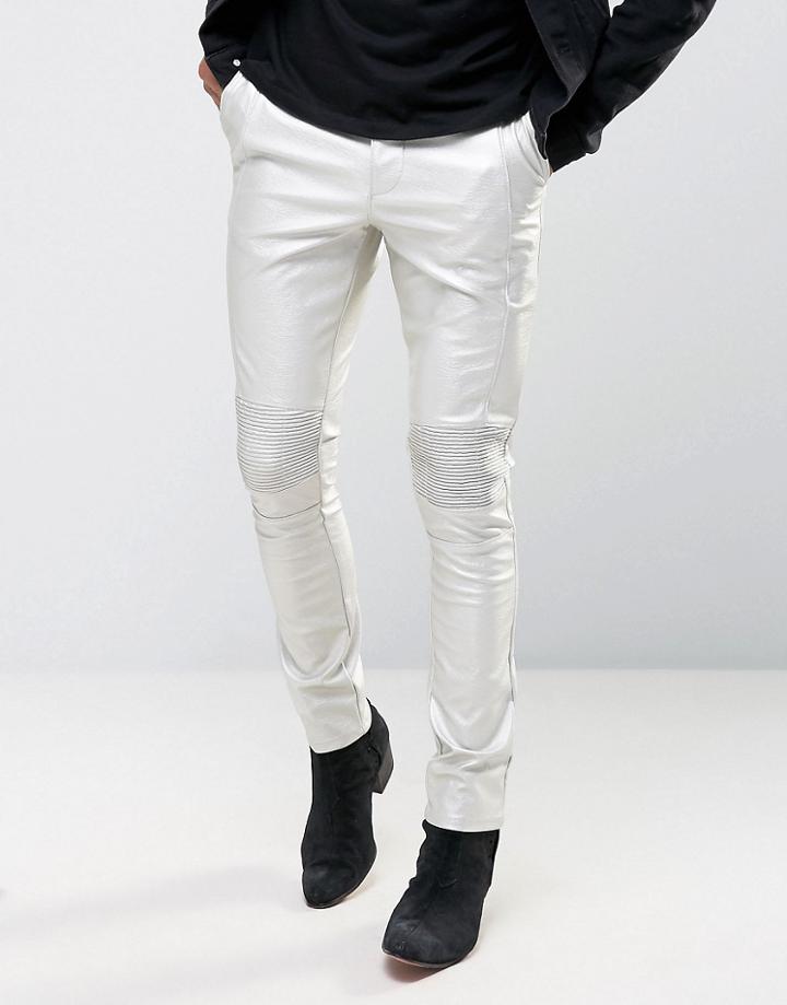 Asos Extreme Super Skinny Pants With Biker Details In Silver - Silver