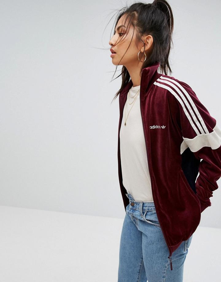 Adidas Originals Velour Track Jacket In Burgandy - Red