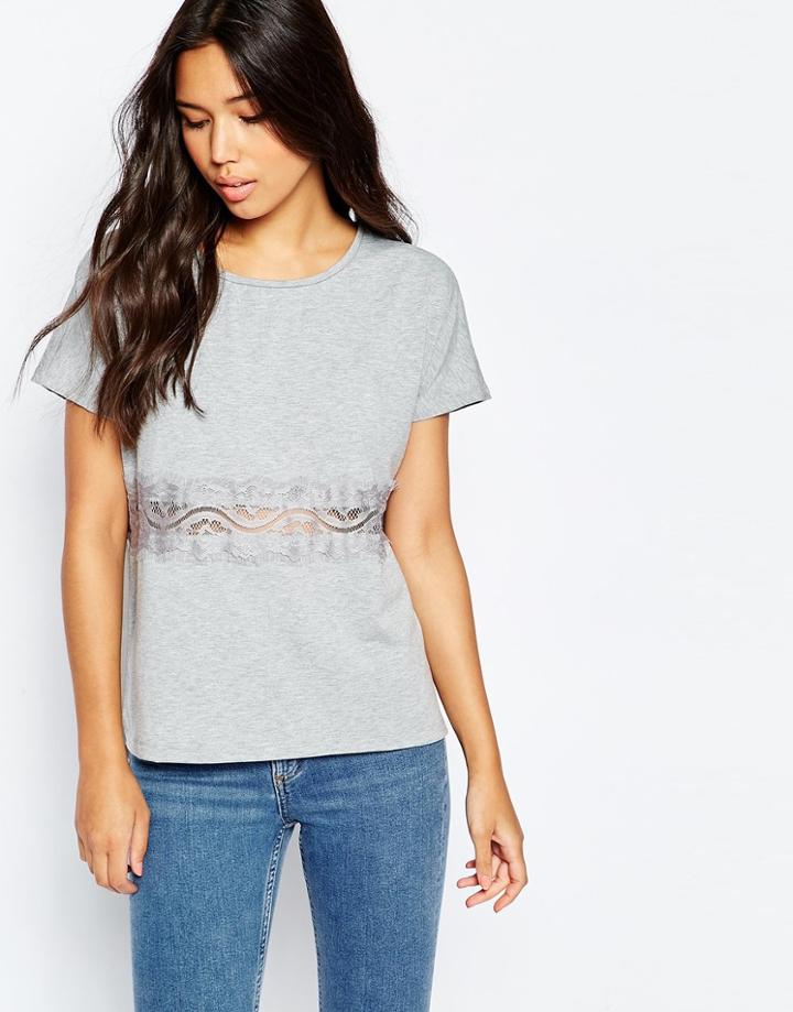 Vero Moda Short Sleeve Top With Lace Panel - Light Gray