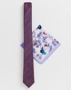 Asos Design Wedding Slim Textured Lilac Tie & Floral Pocket Square - Purple