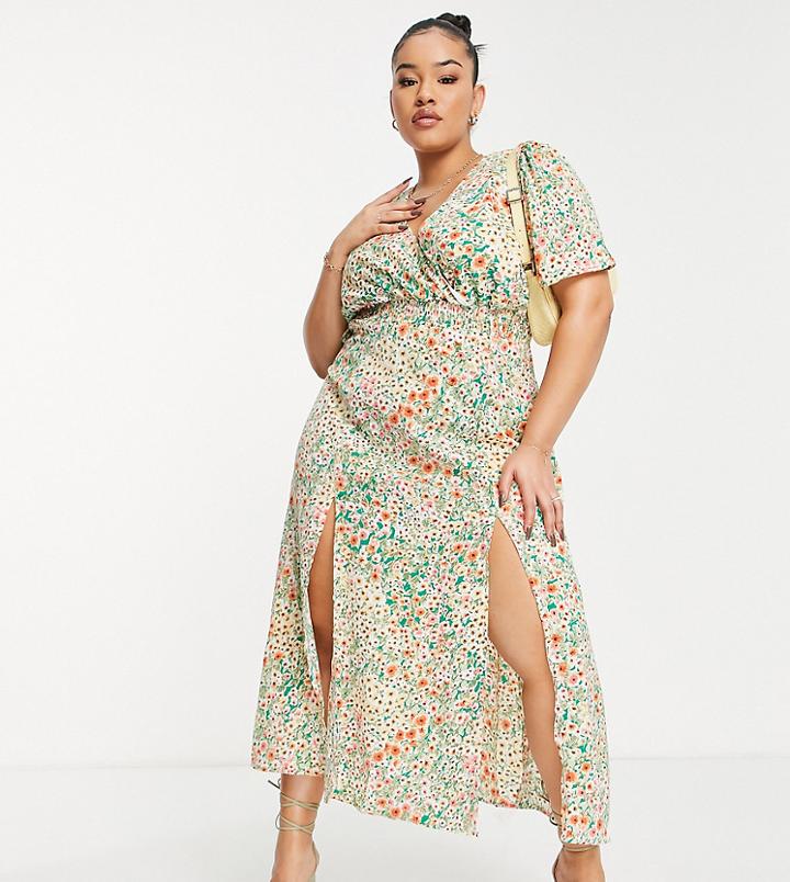 Ax Paris Plus V Neck Wrap Dress In Floral-multi