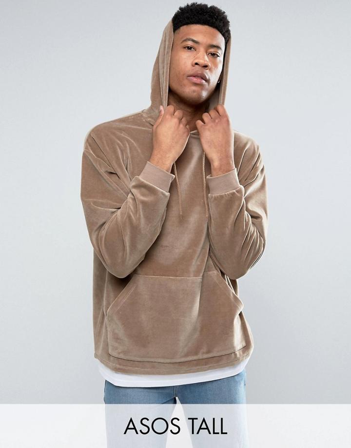 Asos Tall Oversized Velour Hoodie With T-shirt Hem - Beige