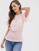 Asos Design Short Sleeve Sheer Top With Shirred Panel In Polka Dot - Multi