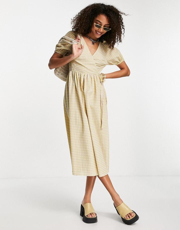 Topshop Seersucker Check Wrap Dress In Lime And Lilac-multi