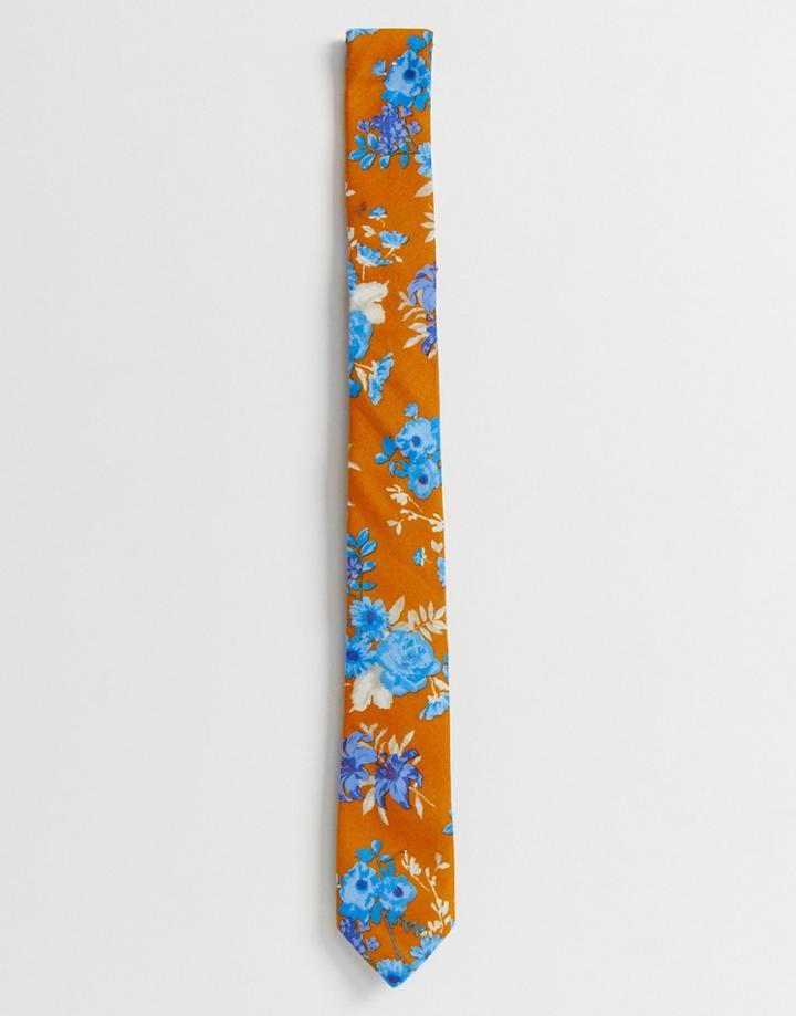Asos Design Wedding Slim Mustard Floral Tie - Yellow