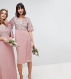 Maya Sequin Top Midi Pencil Bridesmaid Dress With Flutter Sleeve Detail - Pink