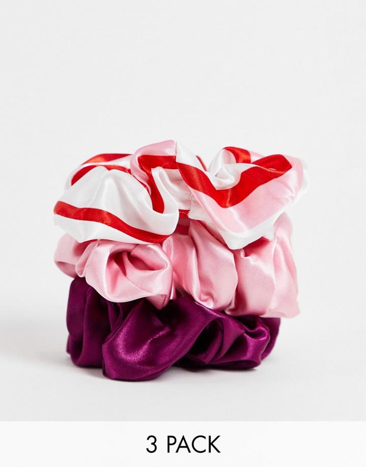 Vero Moda Matching 3 Pack Satin Hair Scrunchies In Pink Stripe, Burgundy & Pink-multi