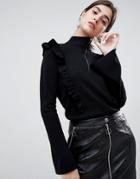 Gestuz Mathilde Frill Shoulder Wool Blend Sweater With Circle Zip Puller - Black