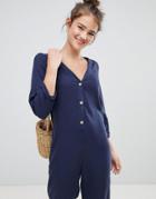 Pull & Bear Wood Effect Button Jumpsuit - Navy