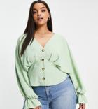 Asos Design Curve Button Front Long Sleeve Tea Blouse With Pleat Detail In Pistcahio Green