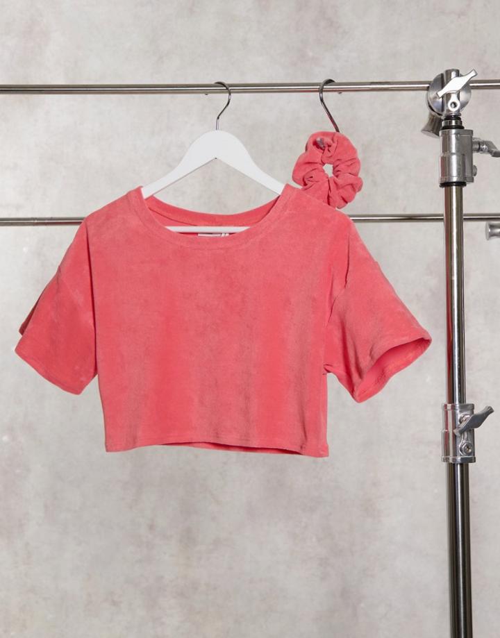 Asos Design Mix & Match Lounge Terrycloth Cropped Tee With Scrunchie In Pink
