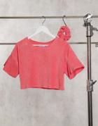 Asos Design Mix & Match Lounge Terrycloth Cropped Tee With Scrunchie In Pink