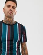 River Island Muscle Fit T-shirt In Teal And Berry Stripe - Green
