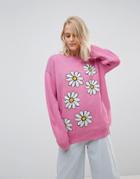 Willow And Paige Oversized Sweater With Daisy Design - Pink