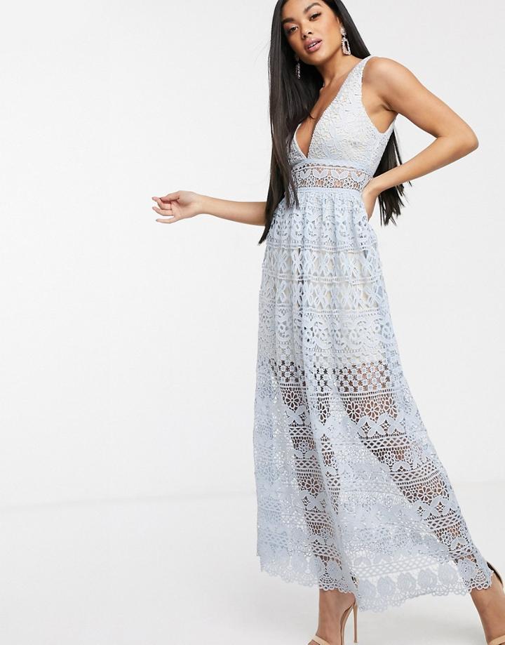 Love Triangle V Neck Lace Overlay Midi Dress Dusky Blue