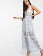 Love Triangle V Neck Lace Overlay Midi Dress Dusky Blue