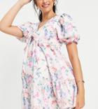 In The Style Maternity X Elle Darby Puff Sleeve Frill Detail Smock Dress In Multi Floral