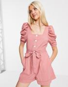 Urban Revivo Puff Sleeve Belted Romper In Red-multi