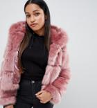 Asos Design Petite Hooded Faux Fur Coat - Pink
